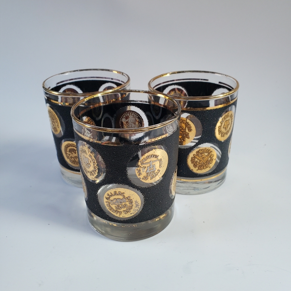 3 Vintage Libbey Black Gold Coin Rocks Glasses Textured Sand Crust Barware Se
